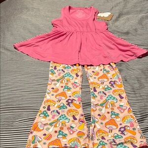 Pink Dress with Colorful Mushroom Pants